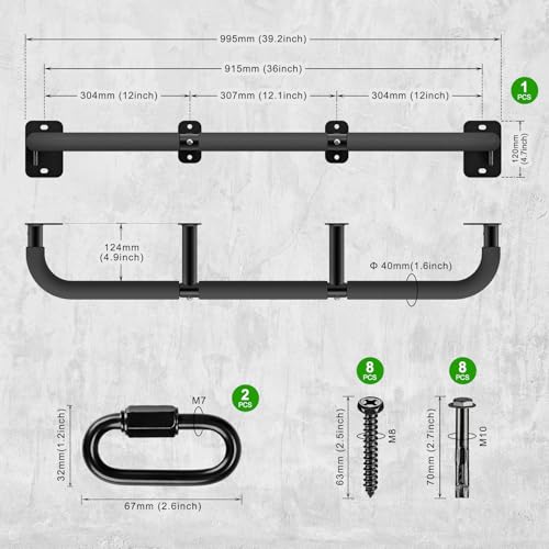 SELEWARE 32"/36" Wall Mount Pull Up Bar Joist Mount Chin Up Bar for Doorway | Heavy Duty Steel Construction Support 450 lb, w/Resistance Band Hooks, Fits 32"/36" Wall Studs for Home Gym Strength Training - size: A: 36" x 1.6" Dia Grip