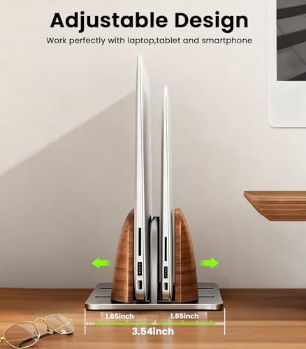 LOXP Vertical Laptop Stand, Dual Slot Wooden + Aluminum Laptop Holder | Desktop Adjustable MacBook Stand, Adjustable Base, for MacBook Pro/Air, (up to 17.3-inch All laptops) - color: silver