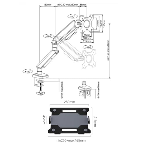 Office Laptop Mount with Adjustable Tray for 10-17”Notebook, Full Motion Gas Spring Mount Arm for 17-32”Monitor (Within 4.4~22.0lbs), C-Clamp and Grommet Base Desk Accessories(Black)