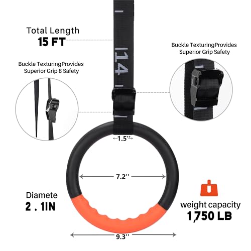 Gymnastic Rings with 15 FT Adjustable Straps Non-Slip Gymnastics Rings Pull Up Workout Rings for Home Gym Exercise, Training