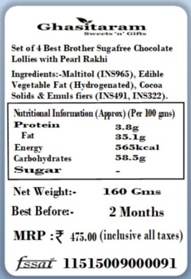 Ghasitaram Gifts Rakhi Gifts for Brothers Set of 4 Best Brother Sugafree Chocolate Lollies with Pearl Rakhi