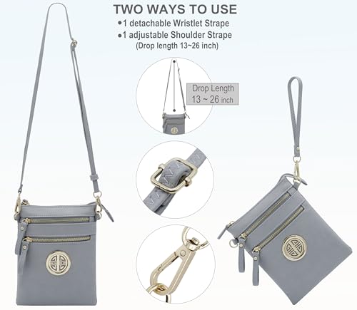 Solene Small Multi Zipper Pockets Crossbody Bag with Detachable Wristlet - color: Blue Grey