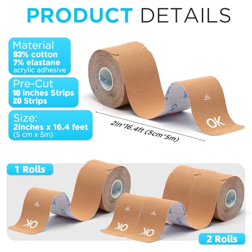 OK TAPE Precut Elastic Kinesiology Tape, 20 Strips, 2inch x 16ft, 2 Rolls | Sensitive Skin Friendly Latex Free Hypoallergenic Athletic Tape Roll for Muscle Joint Knee Waterproof Beige and Black - color: Beige and Black, size: 2 Rolls