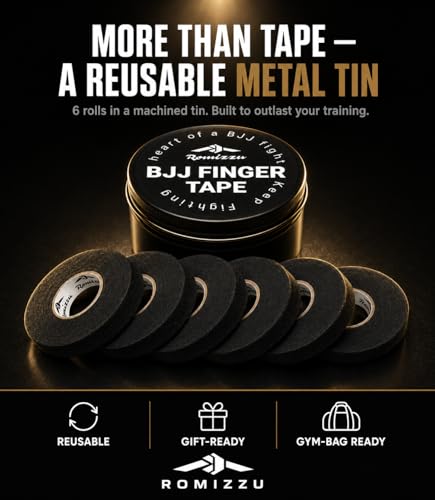 BJJ Finger Tape with Metal Storage Tin - 6 Rolls (26ft) Grappling Tape, MMA | Breathable cotton, residue-free tape offers strong finger support. Great for wrestling, rock climbing, Jiu Jitsu. 0.3in wide - color: Black