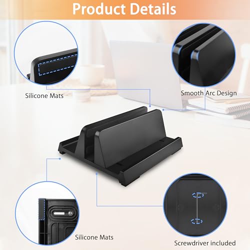 Vertical Laptop Stand Holder, ABS Organizer with Adjustable Dock, All in 1 Design Space-Saving, Sturdy Laptop Computer Holder for PC up to 17.3 inches, MacBook, Mini PC, Pad, Phone (Black, 1 Slot)