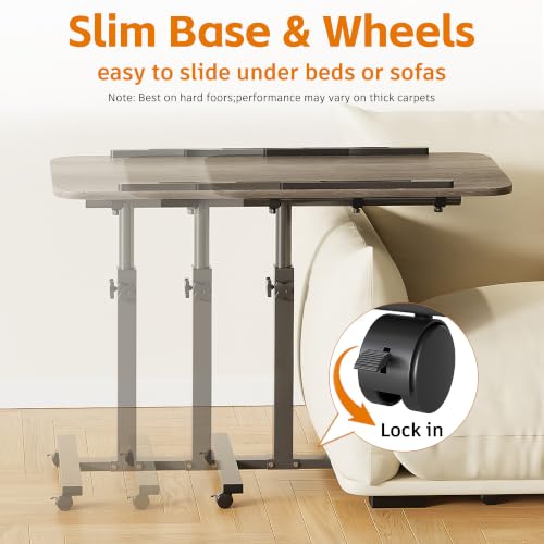 Laptop Table Mobile Adjustable Height Portable Desk Notebook Swivel PC Computer Rolling Desk with Wheels, Laptop Stand for Couch Bedside Hospital Bed Table - color: Oak Grey