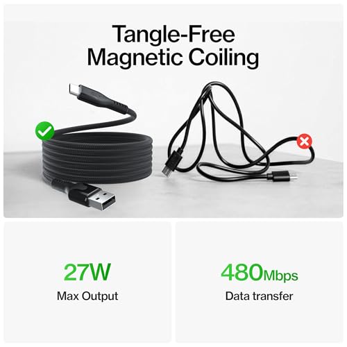 Statik MagStack USB A to USB C Coiling Magnetic Charging Cable, 27W | Nylon Braided Tangle-Free Design, Magnetic Coiling, Data Transfer, Compatible with iPhone & Android, 6FT Black - color: Black, size: 6ft, style: USB-A to USB-C