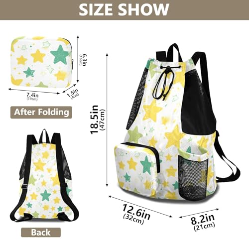 Drawstring Climbing Gym Bag With Inside Pockets Drawstring Bags For Men Women with Wet Dry Compartments Green and Yellow Stars
