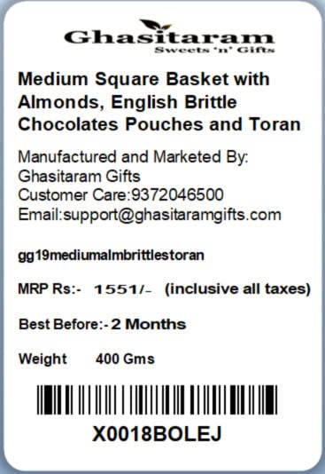 Ghasitaram Gifts Rakhi Gifts for Brothers Rakhi Chocolate Medium Square Basket with Almonds, English Brittle Chocolates Pouches and Toran with Pearl