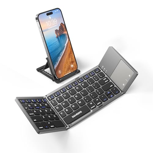 Samsers Foldable Bluetooth Keyboard with Touchpad, Ultra Slim Compact,Grey | Multi-touch Trackpad, Full Size, Phone Holder, USB-C Charging, 1 Device, for Android Windows iOS Mac OS, Mobile Productivity - color: Grey, size: 1-Device