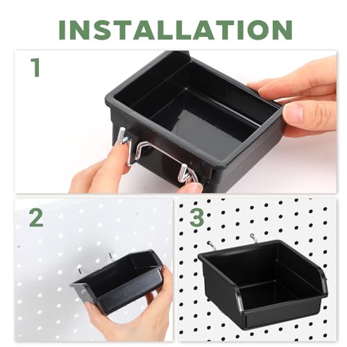 16 Pcs Black Pegboard Bins with Metal Hooks, Heavy Duty Plastic Storage Organizer, Pegboard Tools Organizer for Garage, Workshop, Craft Room, Hardware Tools