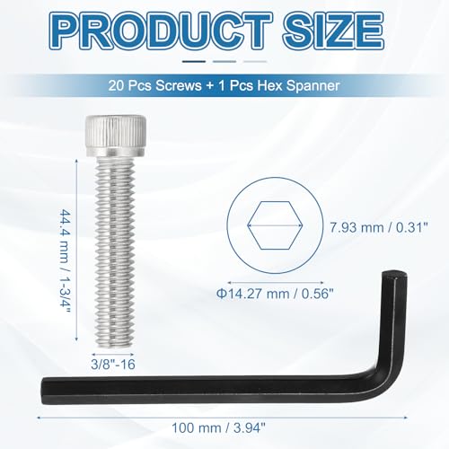PATIKIL 3/8"-16 x 1-3/4" Socket Head Screws Cap Bolt, 10Pcs 304 Stainless Steel Hexagon Socket Screws with Hex Wrenches Full Thread for Road Bicycle Mountain Bike Auto, Silver/Black - color: Silver/Black, size: 3/8"-16 x 1-3/4"