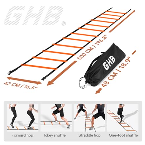 GHB Agility Ladder 1 Pack and Hex Agility Rings 1 Pack 12 Rung 20ft with 3 Carrying Bag
