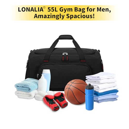 55L Sports Gym Duffle Bag for Men, Black | 22 inch, Multi Pockets, Large Capacity, Workout, Travel, Weekender, Fitness - color: Black