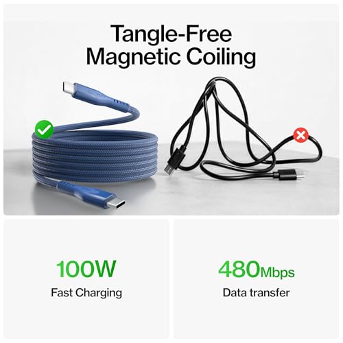 Statik MagStack Pro USB C to USB C Coiling Magnetic Charging Cable,100W | Nylon Braided Tangle-Free Design, Magnetic Coiling, Data Transfer, Compatible with iPhone & Android, 3FT Navy, 5 Pack - color: Navy, size: 3ft (5 Pack), style: USB-C to USB-C