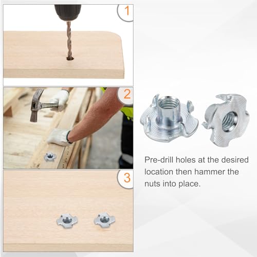 HARFINGTON M6x9mm T-Nuts 4 Pronged Tee Nut 0.73" x 0.35" Fully Thread Carbon Steel Inserts for Wood, Rock Climbing Holds, Cabinetry, Furniture 100pcs - size: M6x9mm, 18.5mm