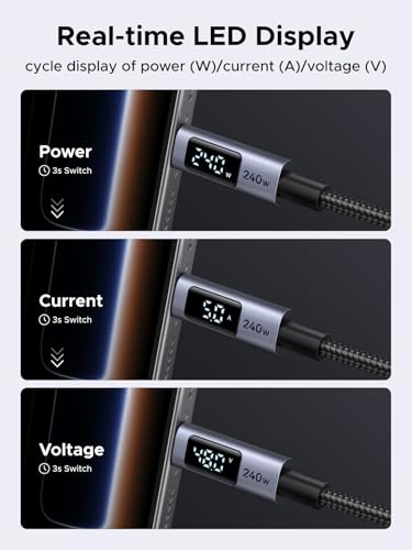 UGREEN USB C 240W Cable with Digital Display, PD 100W Fast Charging, 10FT | Compatible with MacBook Pro/Air, iPad Pro, XPS, Gaming Laptops, iPhone 17/16/15, Galaxy S26/S25, Pixel & More. Nylon Braided. - size: 10FT