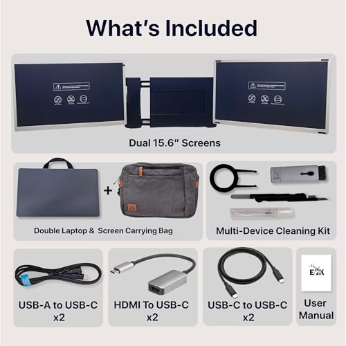 ELK 15.6" Dual Laptop Screen Extender - Laptop Bag & Cleaning Kit Included - FHD 1080P IPS - Detachable & Adjustable Monitor Extender - with Speakers - Compatible with Mac/Android/Win