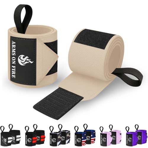 TECEUM Weightlifting 18" & 12" Wrist Wraps with Thumb Loop – Heavy Duty Wrist Workout Braces for Men and Women – Ideal for Powerlifting, Strength Training, Bodybuilding - color: Beige, style: 12" – Arms on Fire