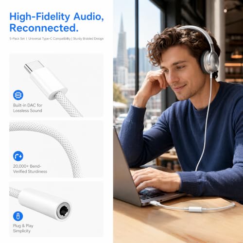 5 Pack USB C to Headphone Jack Adapter,USB c to 1/8 inch Audio Adapter Compatible with iPhone 17 16 15 Samsung Galaxy S25,S24,S23 Ultra, Note 20, iPad Pro, MacBook, Pixel XL and More - size: 5 Pack