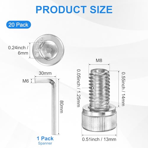 M METERXITY 20-Pack M8 x 14mm Socket Head Cap Screws, 304 Stainless Steel Hex Machine Bolts, Allen Socket Drive Screw with Hex Wrench for Repair/DIY, Fully Threaded Fasteners Kit [Silver] - size: M8 x 14mm