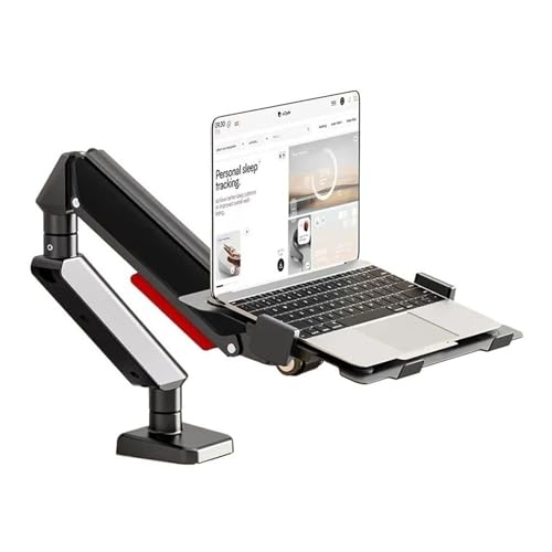 Office Laptop Mount with Adjustable Tray for 10-17”Notebook, Full Motion Gas Spring Mount Arm for 17-32”Monitor (Within 4.4~22.0lbs), C-Clamp and Grommet Base Desk Accessories(Black)