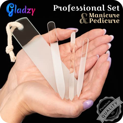 Genuine Czech Glass Nail File Set by GLADZY - Callus Remover Foot Rasp, Cuticle Pusher Manicure Stick, Double Sided Etched Different Grit Surface, Professional Nail Care Tool Kit, Made in EU - color: All-in-one Set