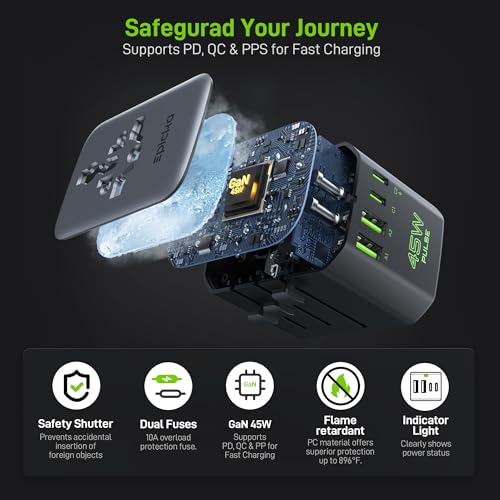 Epicka Pulse Duo 45W Universal Travel Adapter PD/QC 3.0, 2AC/2USB-C/2USB-A | International Power Adapter for EU/US/UK/AU, Fast-Charging for Multi-Device Use, Black - style: Pulse Duo 45W Black