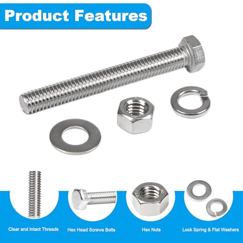 MroMax 10 Sets 5/16-18 x 2-1/2" Hex Head Screw Bolt, Nuts, Flat Washer & Spring Lock Washers Kits,Fully Threaded, Stainless Steel 18-8（304）, Bright Finish - size: 5/16-18 x 2-1/2" (10 Sets)