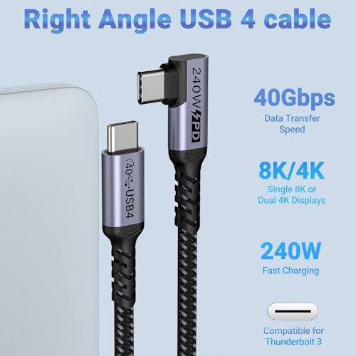 Long USB C to USB C Cable 6.6FT 2 Packs, 240W USB 4 Right Angle | High Speed 40Gbps Data, 8K 60Hz, 5K 60Hz, 4K 144Hz Video Monitor, Compatible for Thunderbolt 4, iPhone 16, iPhone 15 Pro Max - size: 240w - 6ft, 6ft