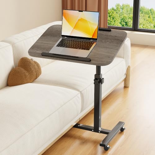 Laptop Table Mobile Adjustable Height Portable Desk Notebook Swivel PC Computer Rolling Desk with Wheels, Laptop Stand for Couch Bedside Hospital Bed Table - color: Oak Grey