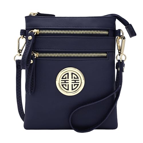Solene Small Multi Zipper Pockets Crossbody Bag with Detachable Wristlet - color: Navy