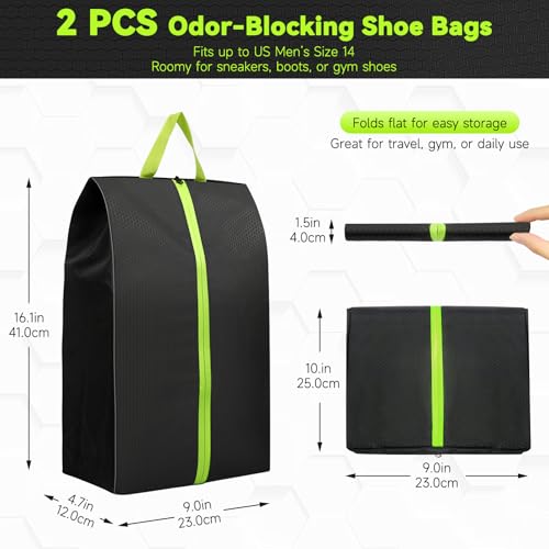 2 Pack Smell Proof Shoe Bags for Travel, Water-Resistant Odor Absorbing Cleat Shoe Organizer with Zipper | Sports Shoe Pouch for Soccer, Golf, Gym, Tennis, Baseball, Running
