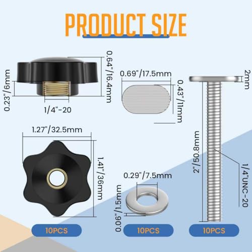 10 Packs 1/4-20 T Track Knob Kit | T-Track Accessory Includes 2" Hex Thread Knob Nuts with Washers and Star Knobs for Woodworking Jigs and Fixtures - size: Medium