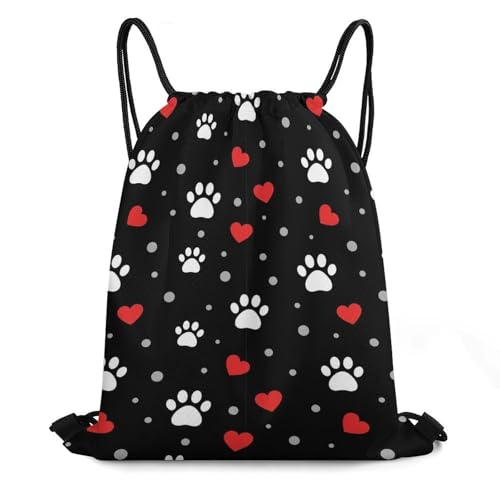 Swimming Drawstring Sack Waterproof Gym Backpack for Beach Sports Yoga Gear, Lightweight Unisex, Paw Prints And Hearts On Black Bags - color: Picture (31)