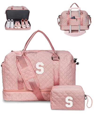Initial Duffle Bag-Personalized Weekender Bags Letter Travel Bags | Overnight Bag with Makeup & Shoe Compartments, Granddaughter & Friend Gifts Tween Girls Trendy Stuff Travel Essentials - color: Pink, style: S