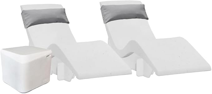 Aqua Outdoors in-Pool DEEP Ledge Chaise Set - Two Chaises - Two Headrest Pillows - Chaise Risers and One Large in Pool Side Table - for ledges 9"-14" inches Deep (White Granite-Grey)