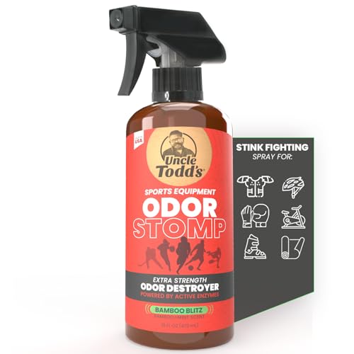 Uncle Todd’s Odor Stomp Sports Equipment Odor Eliminator Spray - Extra Strength Enzyme-Powered Deodorizer for Football, Hockey, Gym Bags, and Athletic Gear - Bamboo Blitz Scent - 16 oz