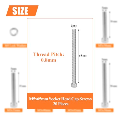 HELIFOUNER 20 Pieces M5 x 65mm, Thread Pitch 0.8mm, 304 Stainless Steel (18-8) Hex Socket Head Cap Screws, Fully Threaded - size: M5 x 65mm