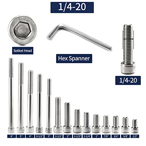 1/4-20 x 1 Socket Head Cap Screws Bolts, 20Pcs 304 Stainless Steel 18-8, Allen Socket Hex Drive, Full Thread, Bright Finish by SG TZH(with Hex Spanner) - size: 1/4-20 x 1"