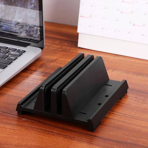 ABOOFAN Adjustable Black Laptop Storage Stand with Dual Slots Upright Laptop Rack Vertical Holder for Office Desk Organizer and Tablets