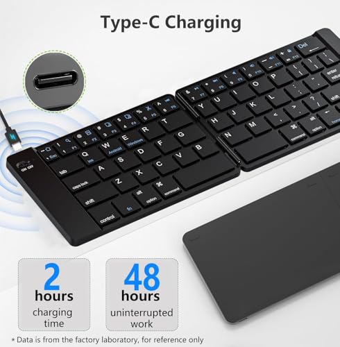 PopBloom Foldable Bluetooth Keyboard - Portable Keyboard, Rechargeable Full Size Ultra Slim Compatible iOS Android Windows Smartphone Tablet and Laptop (Only Keyboard) - color: Elegant Blue-Black Keyboard, No Bag