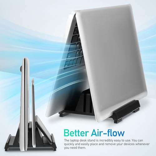 ABOOFAN Adjustable Black Laptop Storage Stand with Dual Slots Upright Laptop Rack Vertical Holder for Office Desk Organizer and Tablets