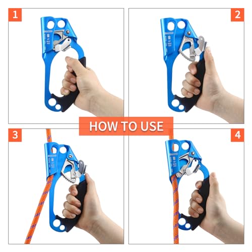 NewDoar UIAA & CE Certified Hand Ascender Rock Climbing Tree Arborist Rappelling Gear Equipment Rope Clamp for 8~13MM Rope - color: Blue Set-Right