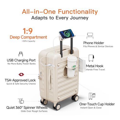Top Opening Expandable Lightweight PC Hard Shell Suitcase, 20 Inch Carry On Luggage with TSA Lock, 360 Silent Spinner Wheels, Cup Holder, Ideal for Business Travel Suitcase (Beige) - color: Beige, size: Carry-on 20-Inch