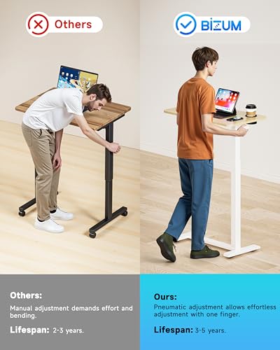 BIZUM Adjustable Bedside Table with Swivel Hidden Wheels Pneumatic Rolling Desk Mobile Standing Desk with Cup Holder for Hospital Home(31.5"x15.8" Maple) - color: Maple, size: 31.5"x15.8"