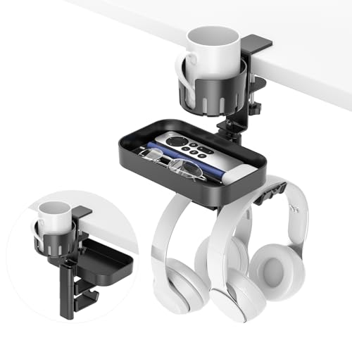 KDD Desk Cup Holder with 2 Headphone Hook - Rotating Pencil Holder & Detachable Drawer Tray - Clamp on Under Desk Headphone Holder Hidden Storage for Office School Home Accessories