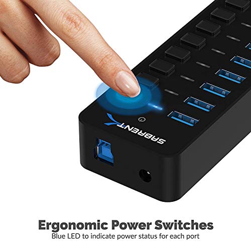 SABRENT 10-Port 60W Powered USB 3.0 Hub, Power Switches & LEDs (HB-BU10) | Individual power switches + LEDs; includes 60W 12V/5A power adapter; for PC & Mac - size: 10-Port - 10 USB 3.0
