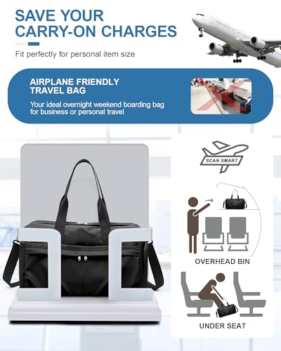 Gym Bag for Women Men with Shoe Compartment, Sport Duffel Bag, Waterproof Travel Weekender Overnight Carry on Bag for Yoga with Trolley Sleeve, Black - color: A-Black