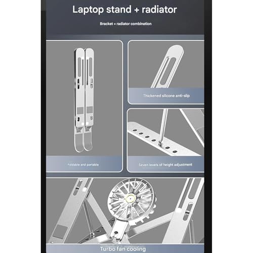 Aluminum Laptop Stand with Cooling Fan 7 Heights Adjustable Foldable Ergonomic Computer Holder for Notebook and Tablets Notebook Holder - color: Silver